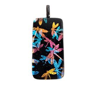 Handcrafted Fused Dichroic Glass  Dragonfly Pendant Blue Pink W Silver Tone Bail